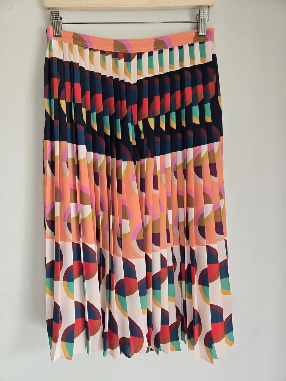 J.Crew Pleated Multicolor Geometric Art Retro Print Midi Skirt Peach Navy 6 - Picture 3 of 14